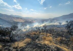 A view of a fire in the mountains with smoke photo