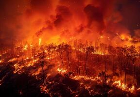A forest fire is burning in the night sky photo