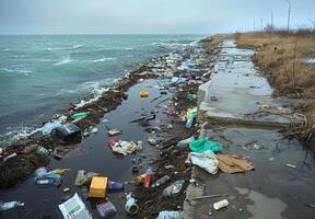 A large body of water with trash and debris photo