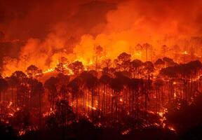 A forest fire in the middle of the night photo