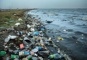 A river with trash and water photo