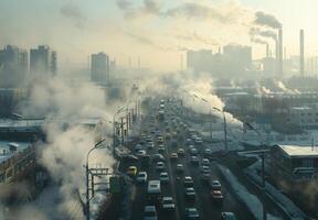 A city street with cars and smoke coming out of the chimneys photo