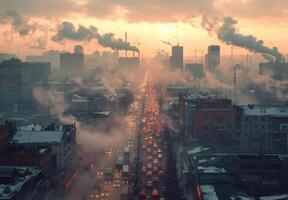 A city street with smoke coming out of the chimneys photo