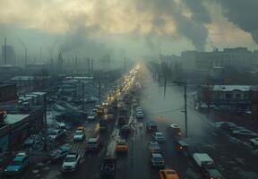 A city street with cars and smoke coming out of the chimneys photo