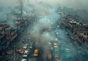 Smoke billows from a city street in the middle of a city photo