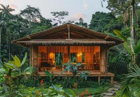 A small wooden house in the jungle photo
