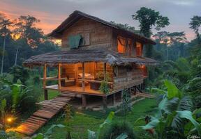 A small wooden house in the jungle at sunset photo