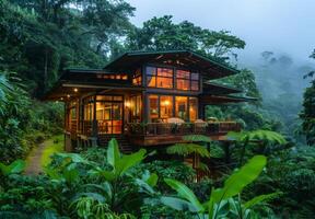 A house surrounded by lush green trees in the jungle photo