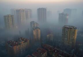 Foggy cityscape with tall buildings in the background photo