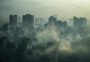 A city with tall buildings and smoke coming out of them photo