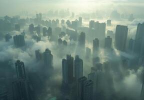 A city skyline is covered in fog photo