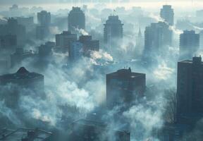 A city with smoke rising from the buildings photo