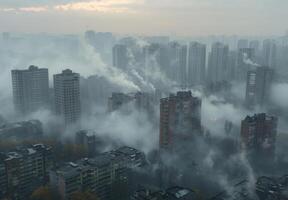 Foggy city skyline with tall buildings and smoke coming out of them photo