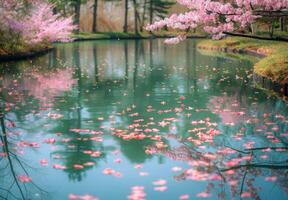 Cherry blossoms on a pond in a park photo