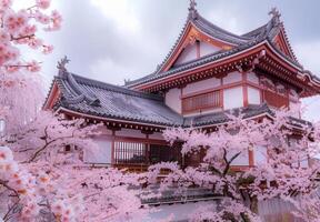 A japanese style building with pink blossoms photo
