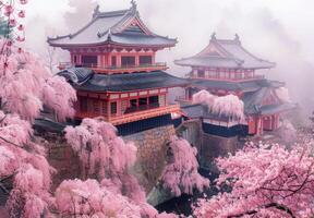 Japanese pagoda in the mist photo