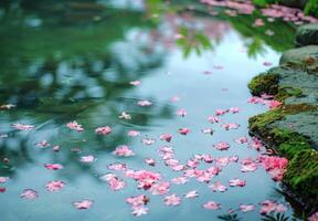 A pond with pink flowers floating on the surface photo