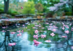Cherry blossoms floating in a pond photo