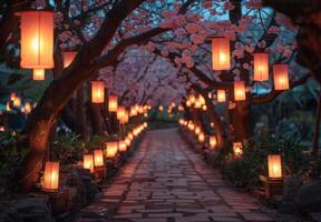 A pathway lined with lanterns and trees photo