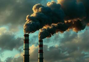 Two smoke stacks from a factory with a cloudy sky photo