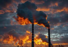 Smoke billowing from the chimneys of a power plant photo