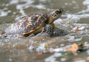 A turtle is walking through the water with garbage photo