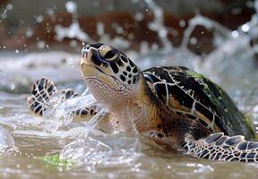 A turtle is swimming in the water with water splashing photo