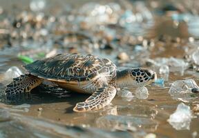 A turtle is walking on the beach with plastic debris photo