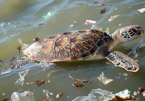 A turtle swimming in the water surrounded by plastic photo