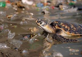 A turtle swimming in a sea of plastic garbage photo