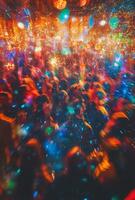 A crowd of people at a party with colorful lights photo