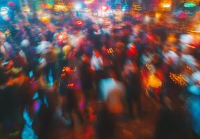 Blurry image of people at night in a crowded city photo