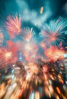 Fireworks in the night sky over a city photo