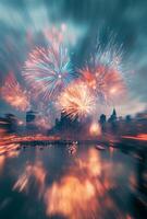 Fireworks in the sky over a city with buildings photo