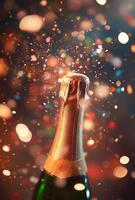 Blurred champagne bottle popping, with confetti and lights adding to the festive New Year's Eve mood photo