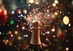 Blurred champagne bottle popping, with confetti and lights adding to the festive New Year's Eve mood photo