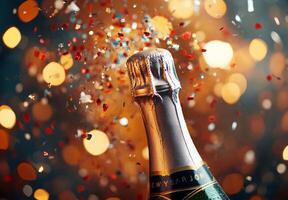Blurred champagne bottle popping, with confetti and lights adding to the festive New Year's Eve mood photo