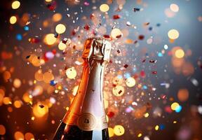 Blurred champagne bottle popping, with confetti and lights adding to the festive New Year's Eve mood photo