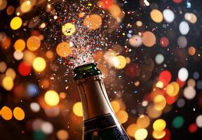 Blurred champagne bottle popping, with confetti and lights adding to the festive New Year's Eve mood photo