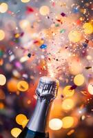 Blurred champagne bottle popping, with confetti and lights adding to the festive New Year's Eve mood photo