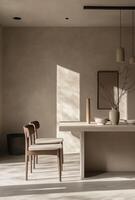 Minimalist dining area with a simple table and chairs, neutral tones, and minimal decor photo
