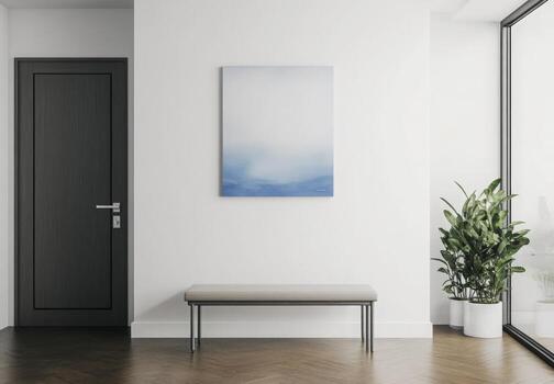 Minimalist entryway with clean lines, a simple bench, and a single piece of artwork on the wall photo