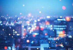Blurred cityscape at night with glowing lights and a vibrant New Year's Eve ambiance photo