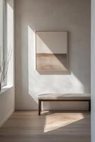 Minimalist entryway with clean lines, a simple bench, and a single piece of artwork on the wall photo