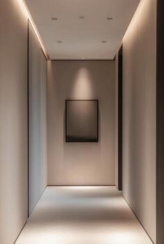 Minimalist hallway with clean walls, a single piece of artwork, and subtle lighting photo