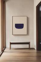 Minimalist entryway with clean lines, a simple bench, and a single piece of artwork on the wall photo