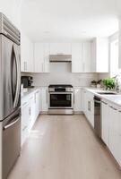 Minimalist kitchen with clean lines, white cabinets, and stainless steel appliances, creating a spacious look photo