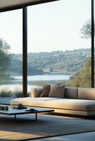 Minimalist living room with a sleek sofa, coffee table, and large window overlooking a serene view photo