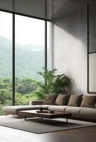 Minimalist living room with a sleek sofa, coffee table, and large window overlooking a serene view photo