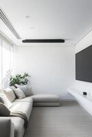 Minimalist media room with a sleek sofa, wall-mounted TV, and minimal decor for a clean aesthetic photo